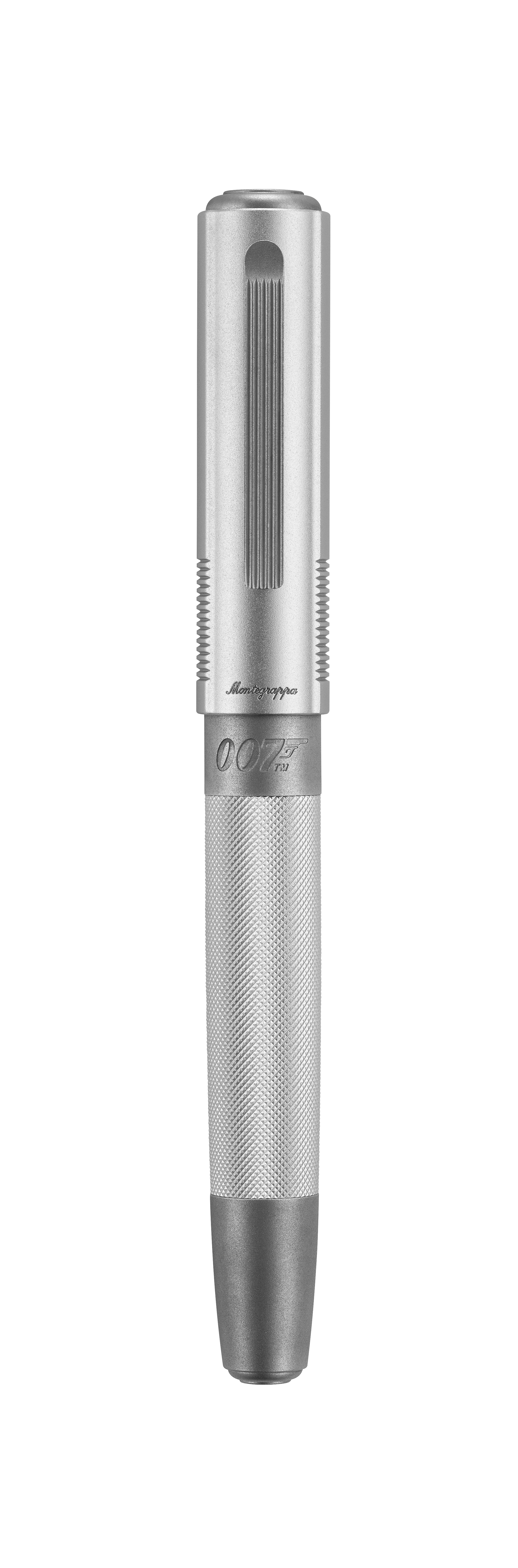 A silver metallic pen with textured grip, engraved with '007' and 'James Bond' branding.