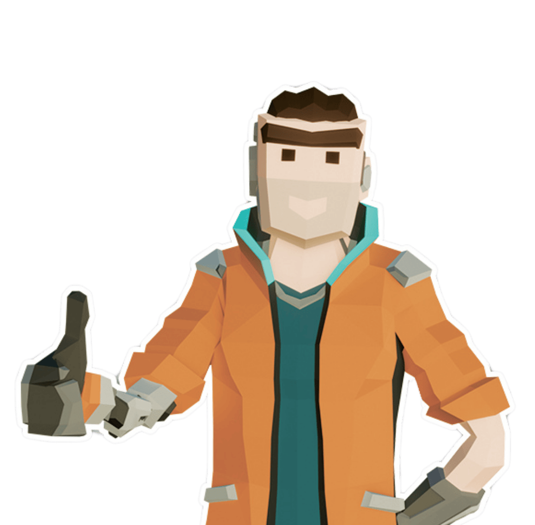 Ilustración de un personaje de estilo voxel con chaqueta naranja, camiseta azul y expresión amistosa, señalando con el dedo indice hacia adelante.
