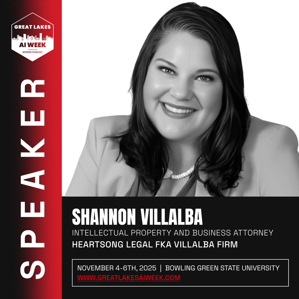 Shannon Villalba speaker graphic — Great Lakes AI Week, Bowling Green State University, November 2025