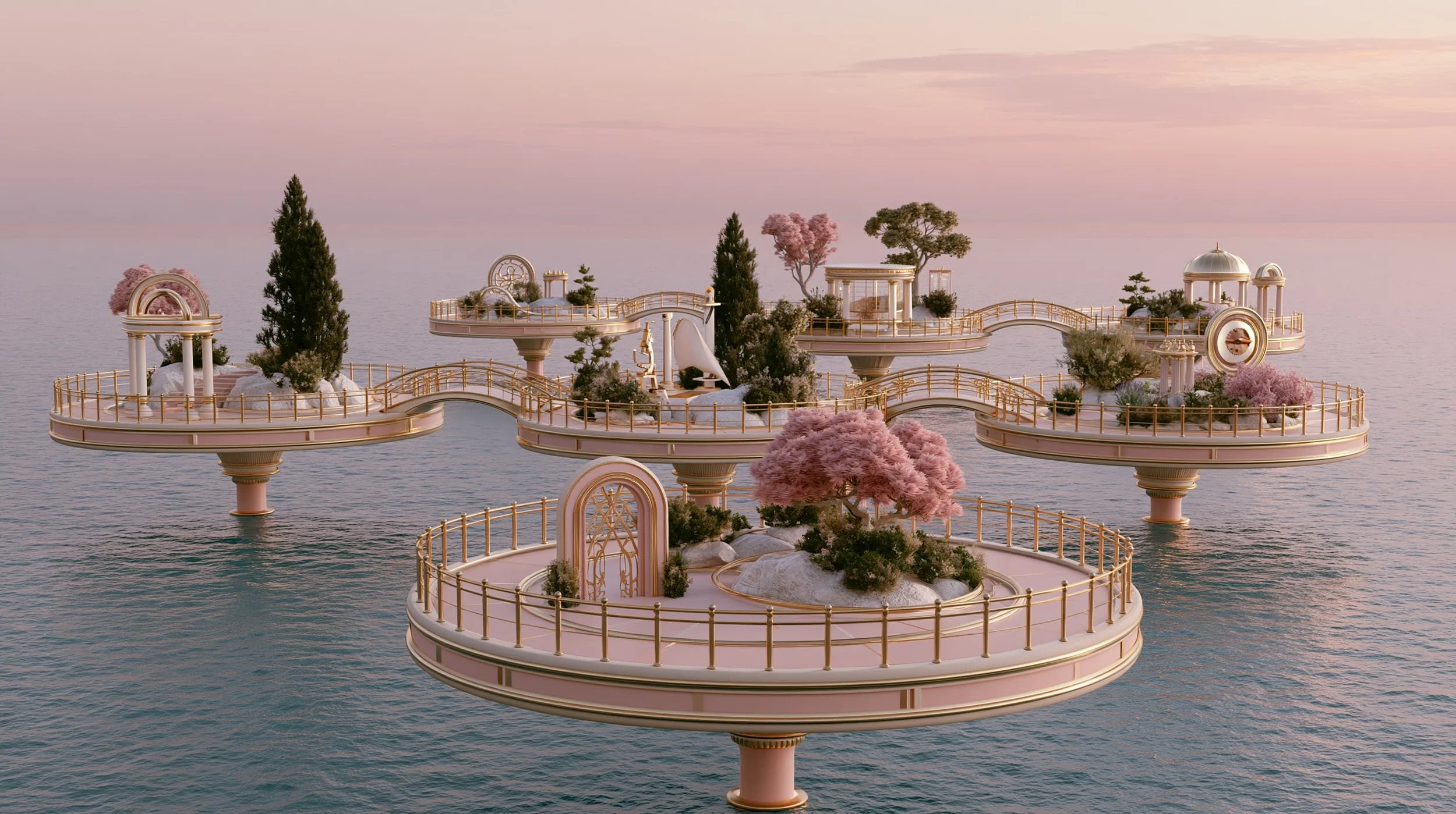 Interconnected floating islands with gold railings and pink trees at sunset — representing sovereign, structured business architecture