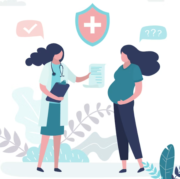 A female healthcare professional and pregnant woman talking, with a shield and medical cross symbol above them, and speech bubbles with a check mark and question marks.