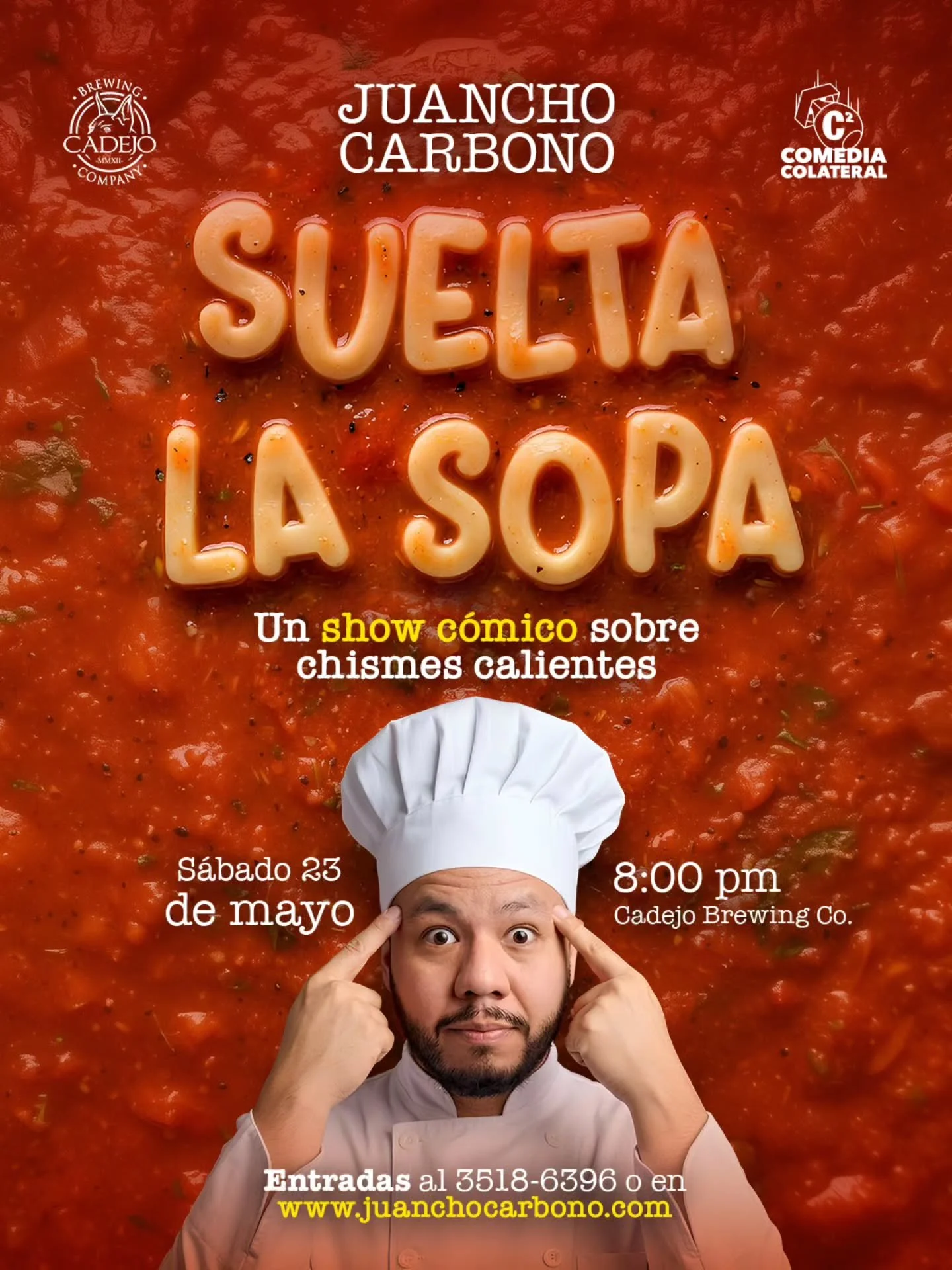 &iexcl;La &uacute;nica comedia donde pod&eacute;s contar tu #chisme de manera an&oacute;nima y lo volvemos parte del show!

#JuanchoCarbono Lee tus chismes en vivo y los convierte en sketches, personajes y risas.

🗓️ S&aacute;bado 23 de mayo 
📍 @ce
