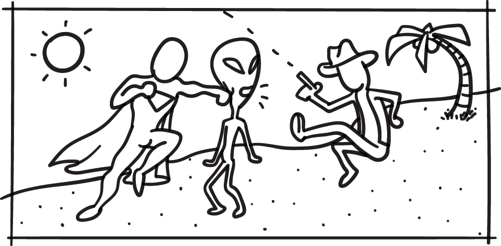 Dibujo en estilo cómic que muestra a tres personas en la playa: una con capa, alcanzando un balón en el aire, otra con sombrero y teléfono en mano, y una más con sombrero y cinturón, junto a una palmera y el sol en el cielo.
