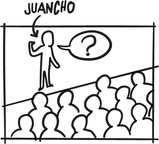 Juancho Carbono sobre el escenario  haciendo una pregunta a una audiencia de personas.