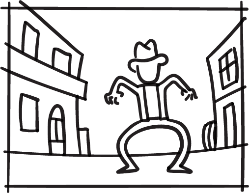 Un dibujo de un personaje caricaturesco bailando en una calle con edificios a los lados.