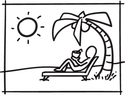 Dibujo en blanco y negro de una persona descansando en una tumbona junto a una palmera y bajo el sol.