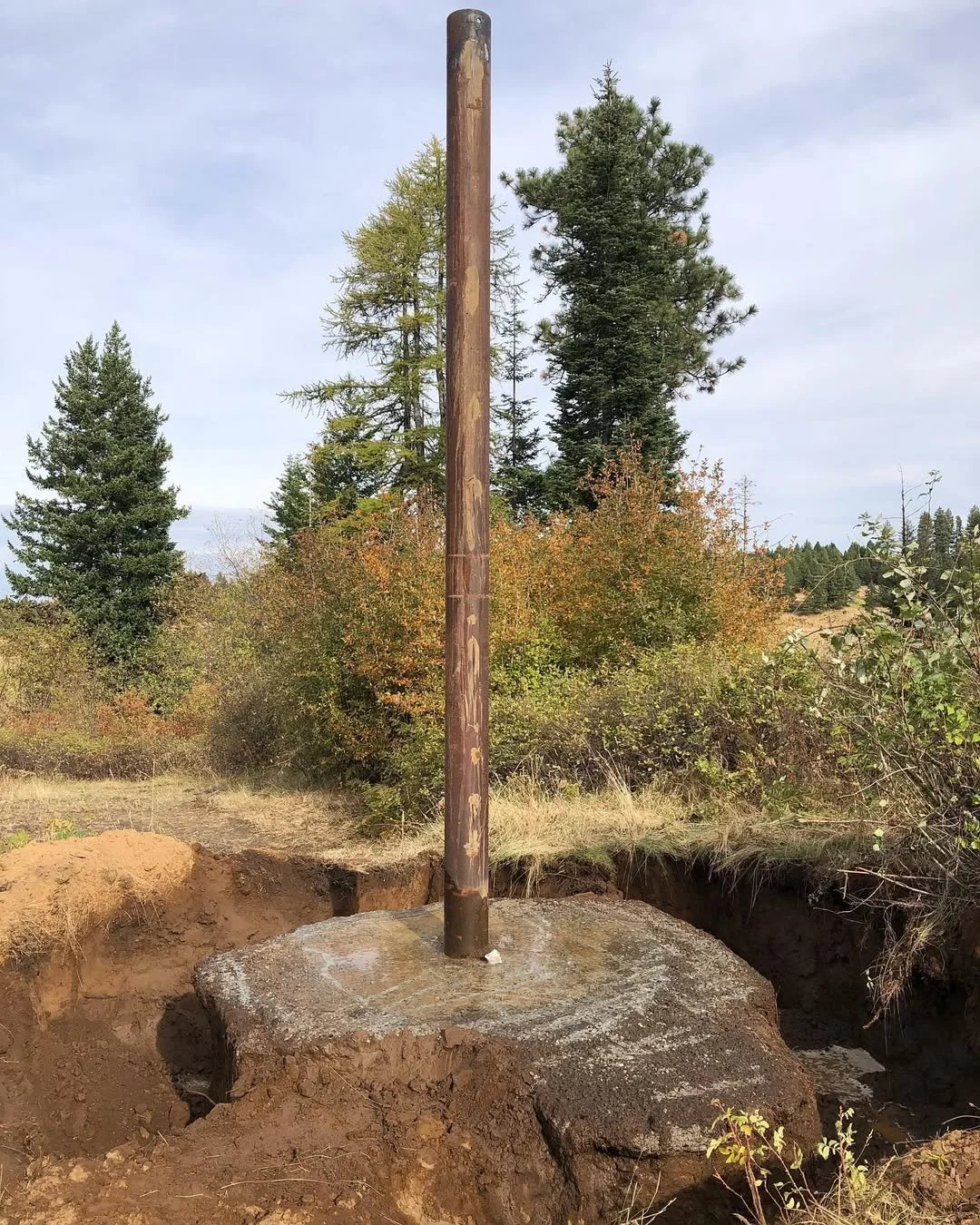 An old wooden utility pole mounted on a large concrete base in a natural outdoor setting with trees and bushes in the background.