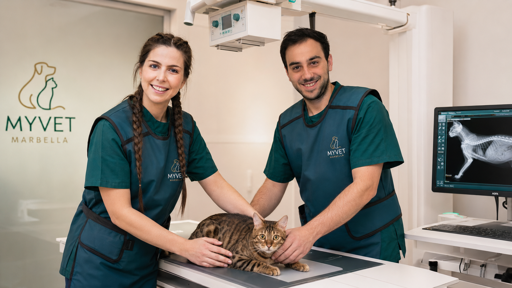 Rocío Cromstedt Lavigne and Alberto Fernández, veterinary surgeons at MYVET Marbella, performing an X-ray on a cat