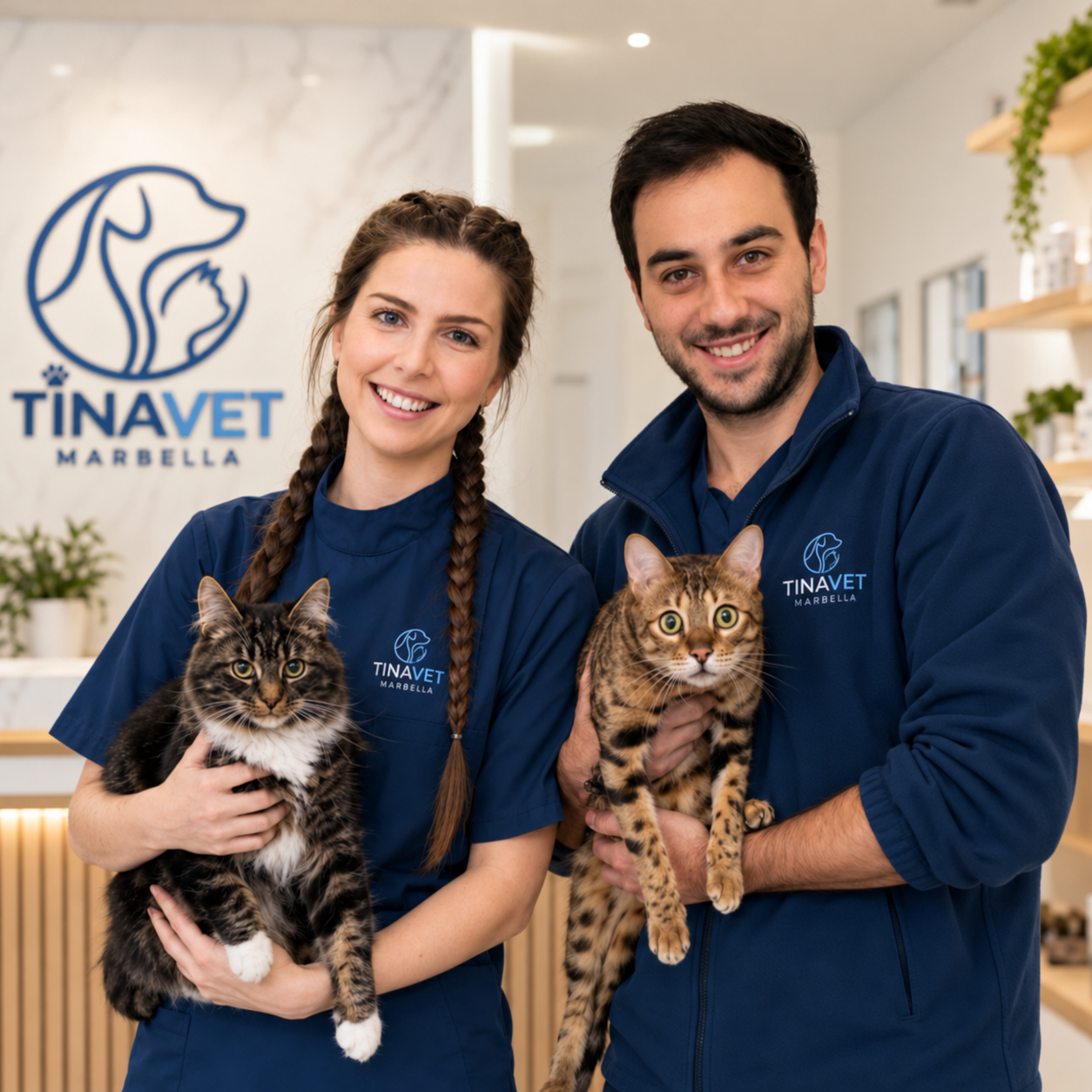 Dr. Rocío Cromstedt Lavigne and Dr. Alberto Fernández, veterinarians and co-founders of TINAVET Marbella, holding two cats