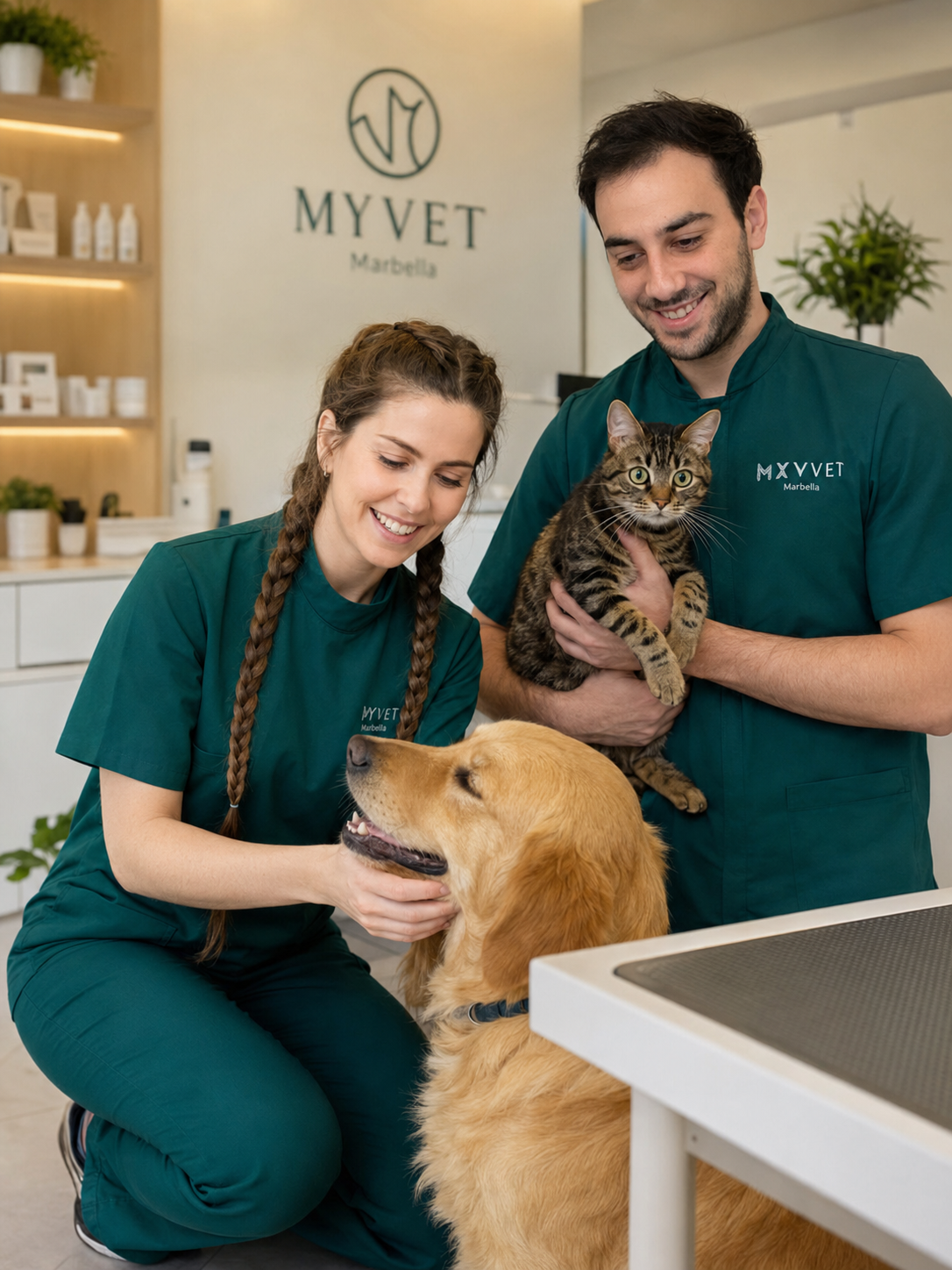 Professional team portrait of Dr. Rocío Cromstedt Lavigne and Dr. Alberto Fernández, English-speaking veterinary surgeons and co-founders of MYVET Marbella, serving pets in Marbella, San Pedro de Alcántara and the Costa del Sol.