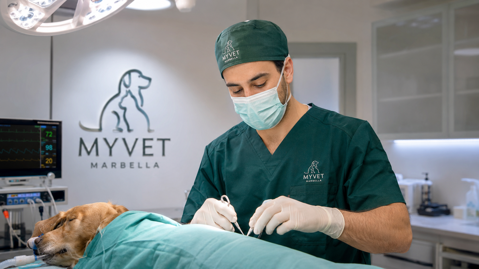 Alberto Fernández, veterinary surgeon at MYVET Marbella, performing surgery on a dog