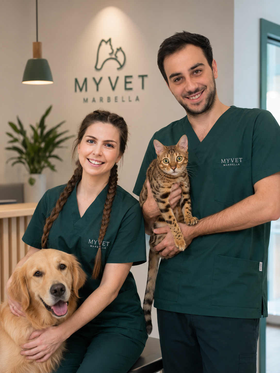 Portrait of Rocío Cromstedt and Alberto Fernández, veterinary surgeons and co-founders of MYVET Marbella