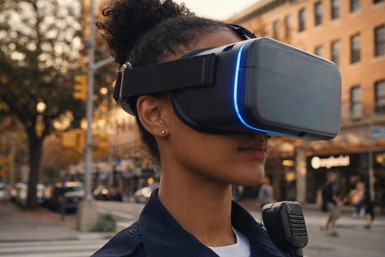 A woman in uniform wearing a virtual reality headset on a city street during sunset.