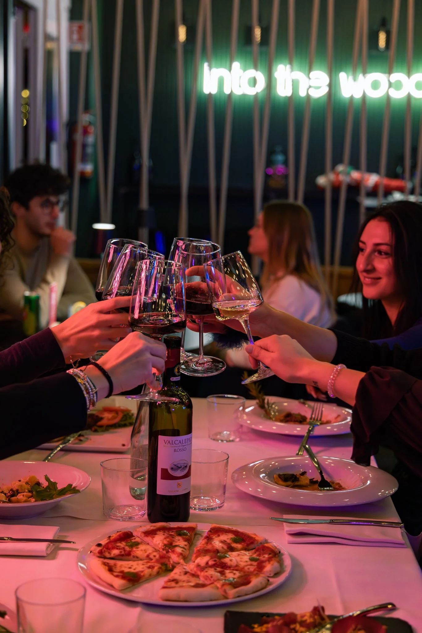 Gruppo di persone che brinda con bicchieri di vino rosso e bianco a cena in un ristorante con pizza e piatti vari sul tavolo, in un ambiente con illuminazione soffusa e decorazioni moderne.
