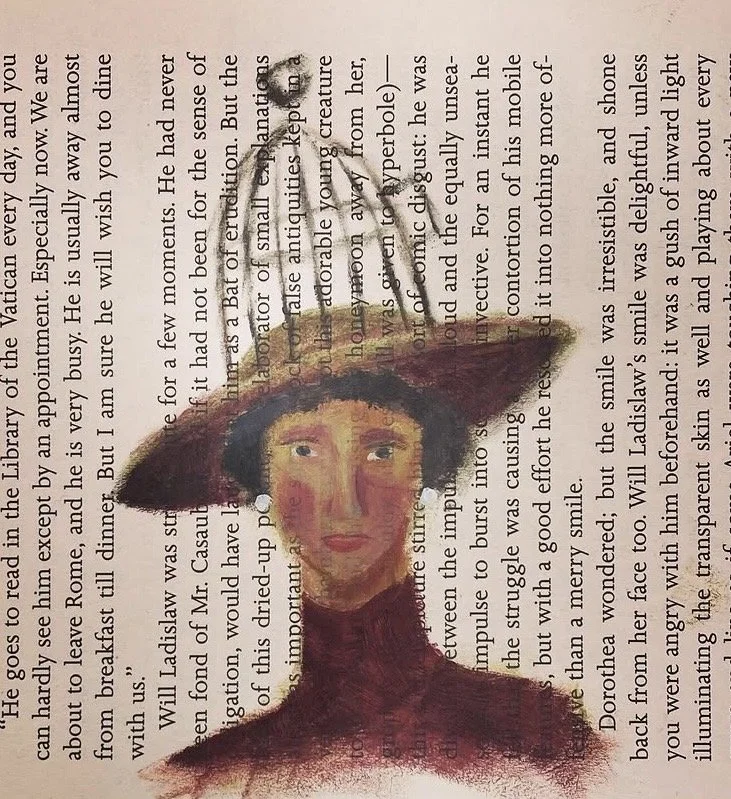 “Lady with a Birdcage Hat” 2025 Oil on paper (5” x 3”)