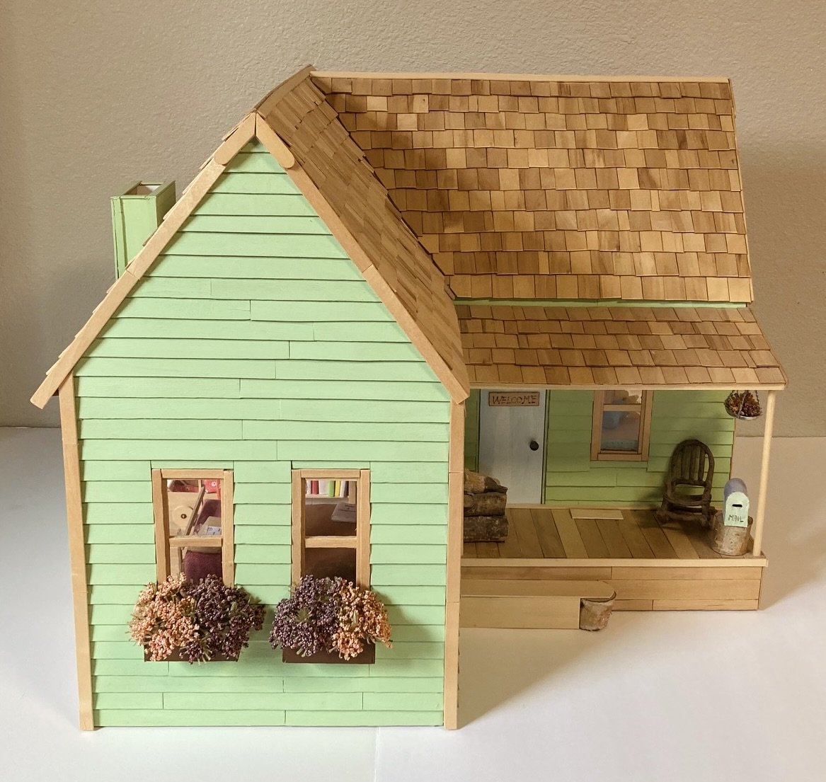 Green Dollhouse 2019 Foam board and popsicle sticks (22” x 21” x 17”)