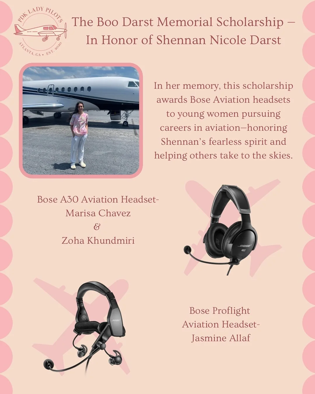 We are incredibly proud to announce the recipients of the Boo Darst Memorial Scholarship. Thanks to all who put in the effort to apply, and congratulations to Marisa, Zoha, and Jasmine!