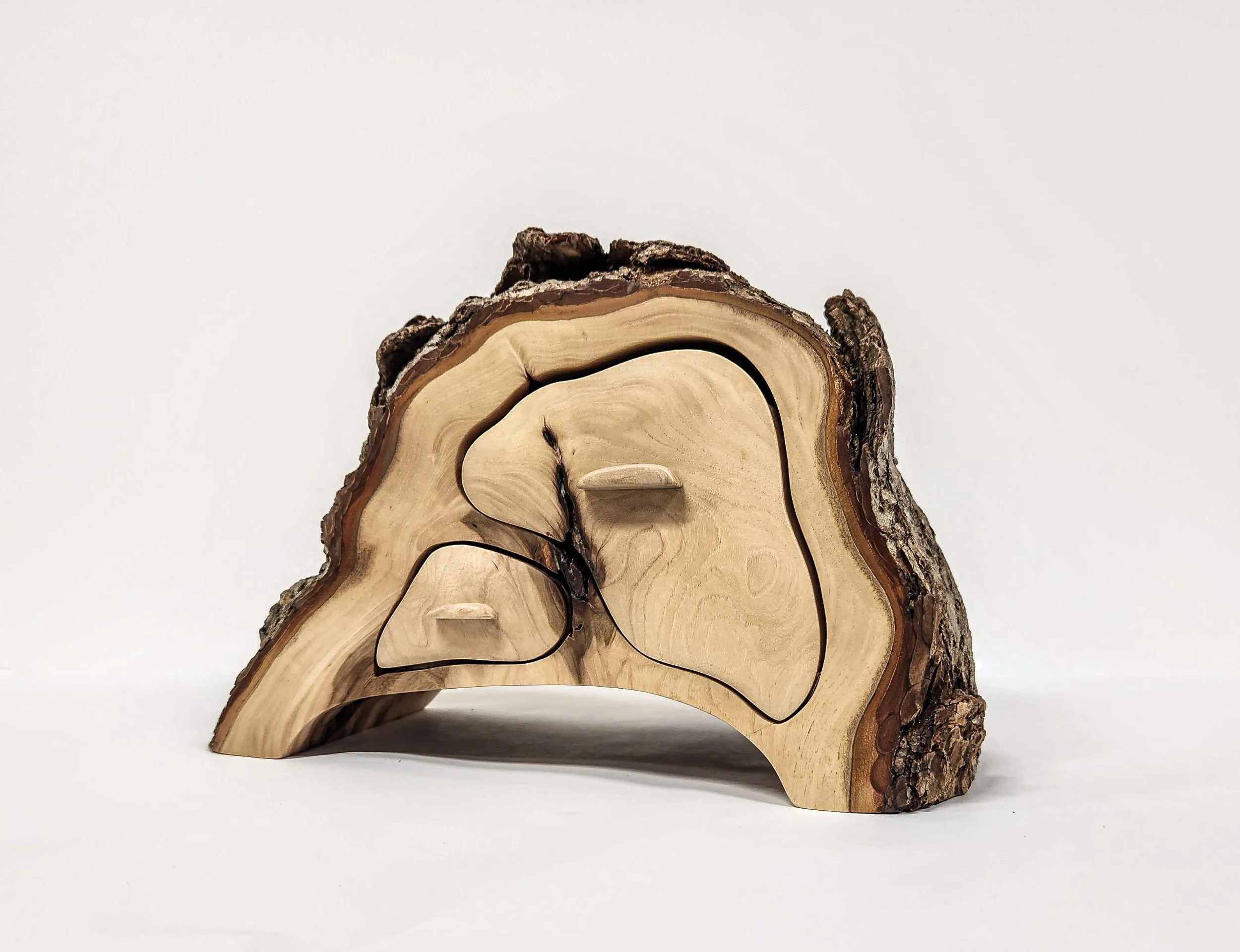 Derecho Bandsaw Box, salvaged wood from Cedar Rapids, Iowa. Copper. 9”x 5” x 3”. 2025.