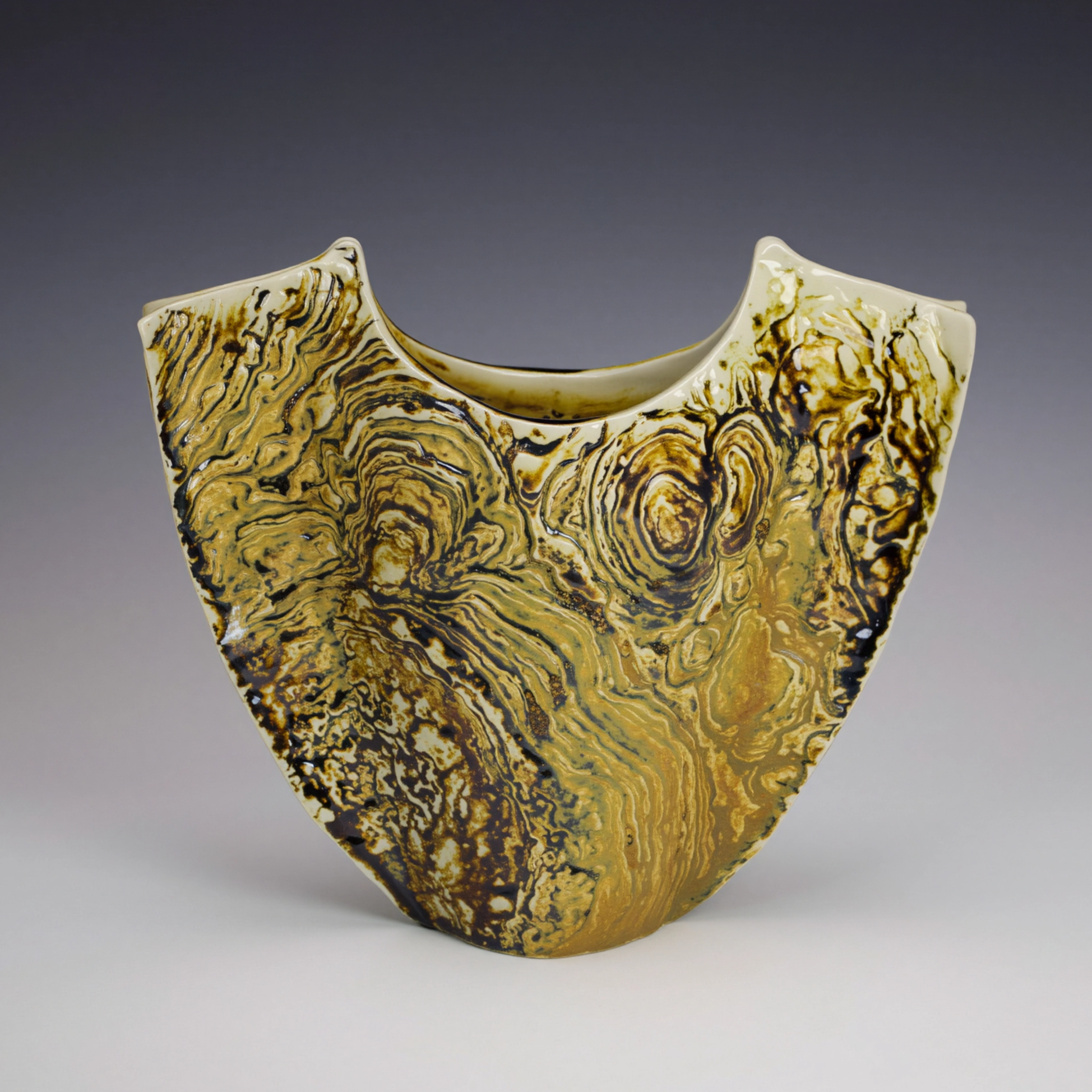 Stromatolite Vase. Texture captured from stromatolite fossils in the Petrified Sea Gardens, Saratoga Springs, NY. Soda fired, 8.5"X10"x3.5". 2025