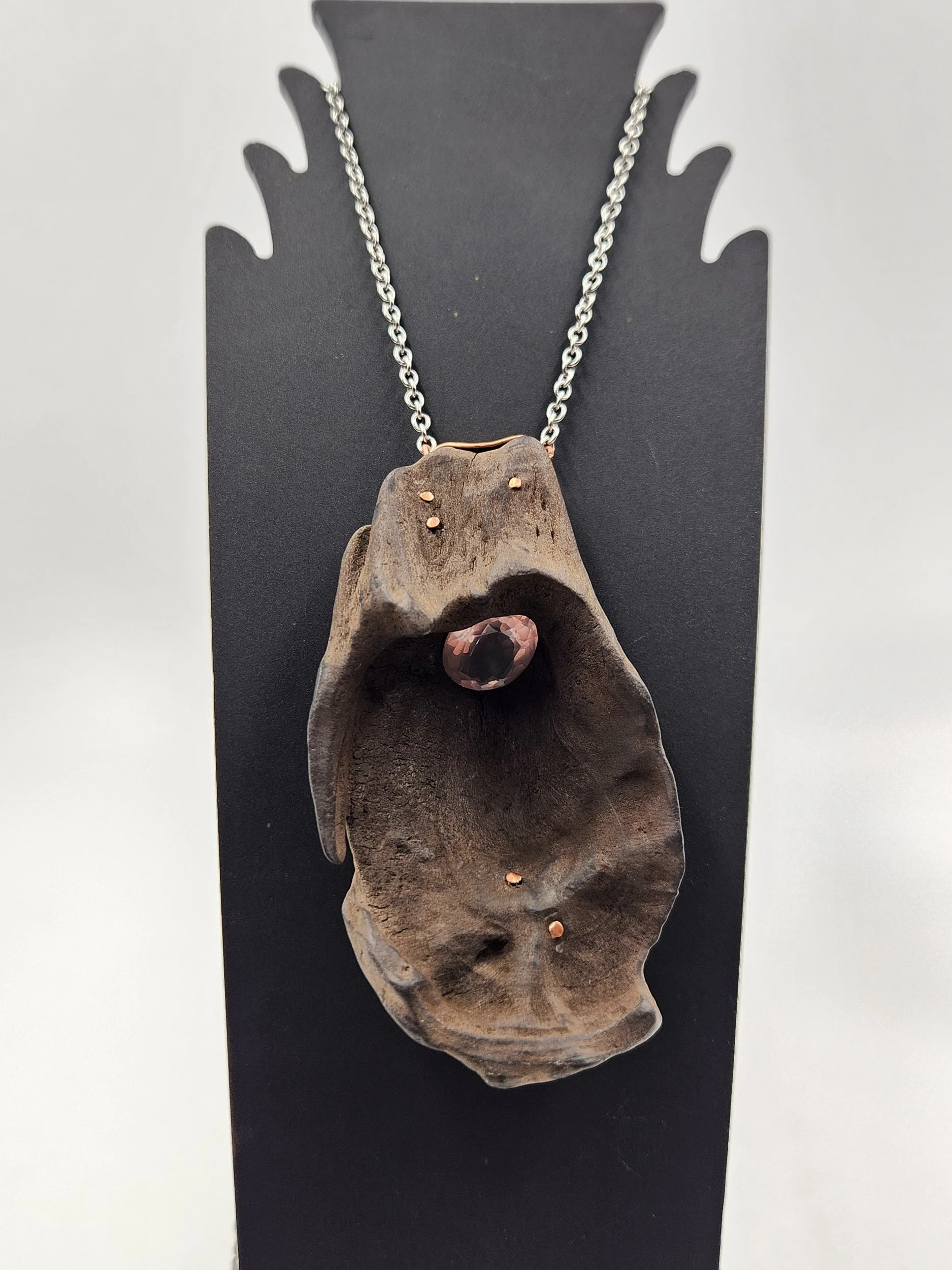 Albemarle Pendant. Found wood, faceted rose quartz- steam set, copper. 3.25"x 1.5". 2025.