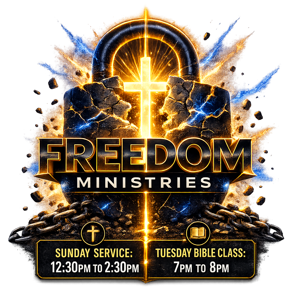 A digital poster for Freedom Ministries featuring a cracked stone background with an illuminated cross and explosive effects. Text indicates Sunday service at 12:30 PM to 2:30 PM and Tuesday Bible class at 7 PM to 8 PM.