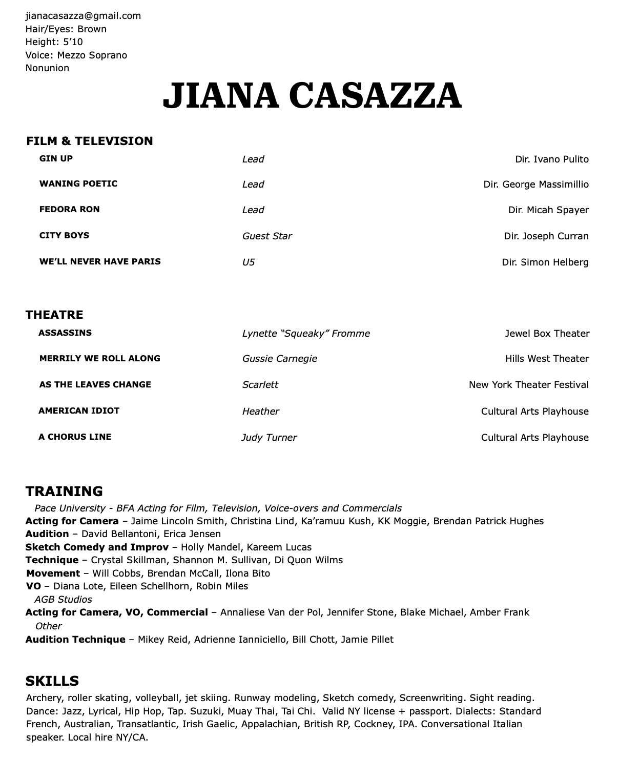 Resume page for Jiana Casazza listing personal info, film, theatre, training, and skills.