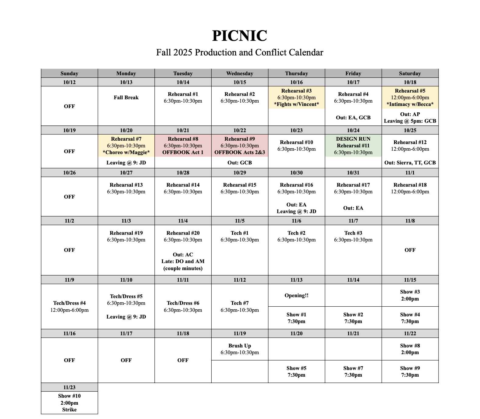 Production and Conflict Calendar - Picnic 2025