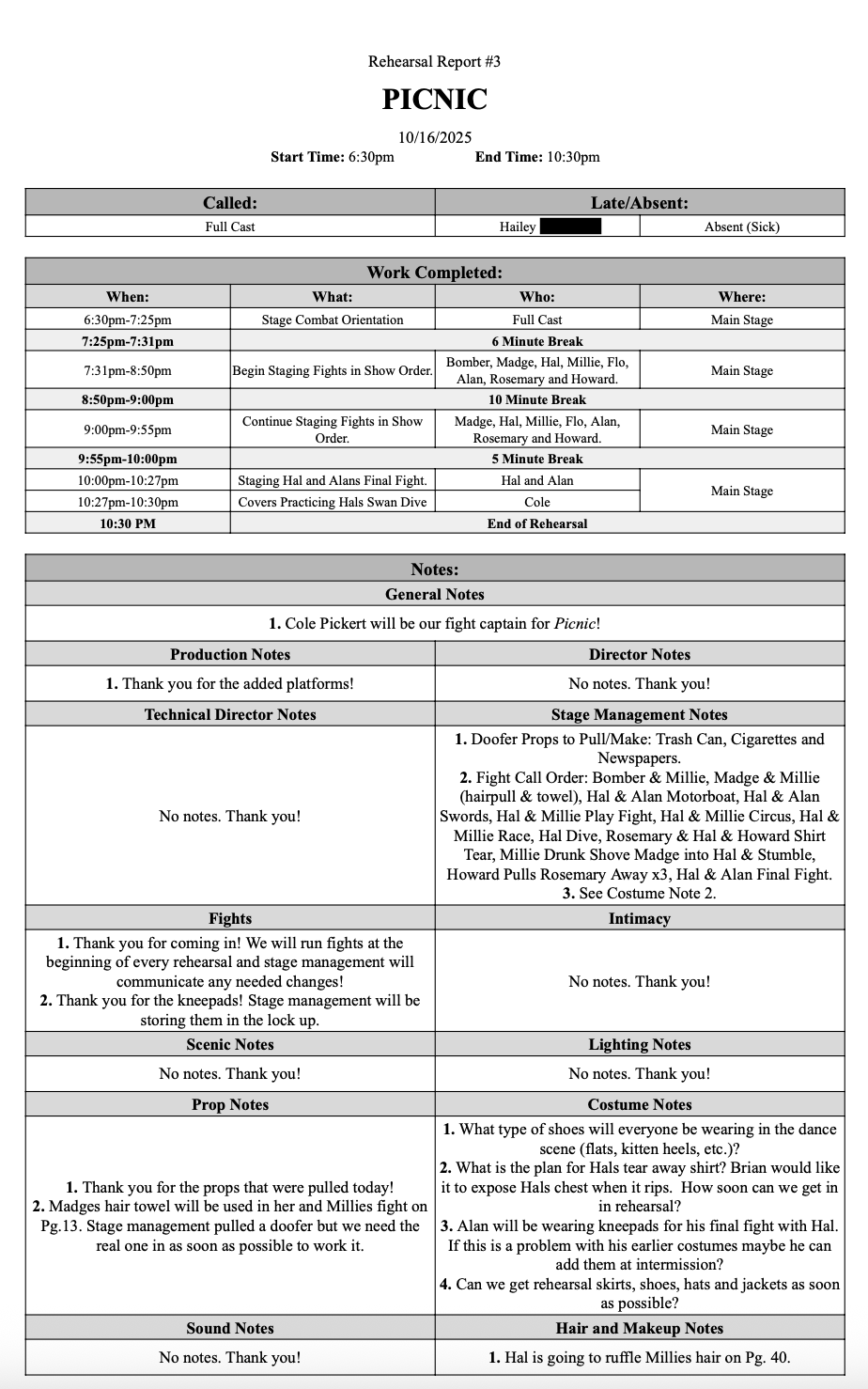 Rehearsal Report 1 - Picnic 2025