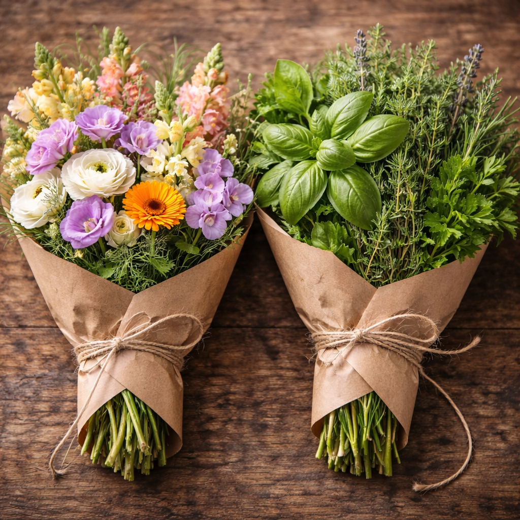 Two bouquets of fresh herbs and flowers wrapped in brown paper and tied with twine, placed on a wooden surface.
