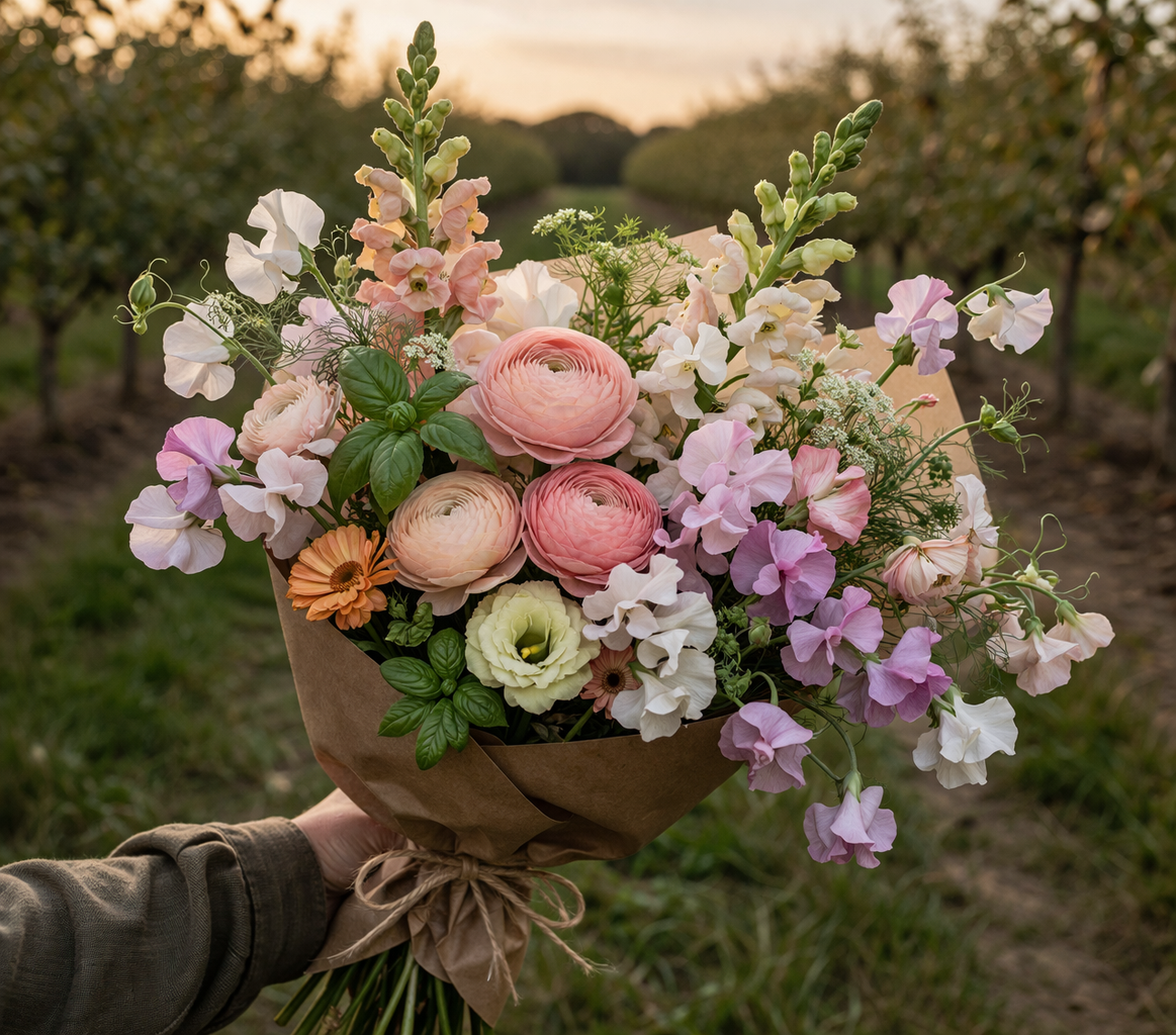 A person holding a bouquet of pink, white, and purple flowers wrapped in brown paper, with a farm field and trees in the background at sunset.