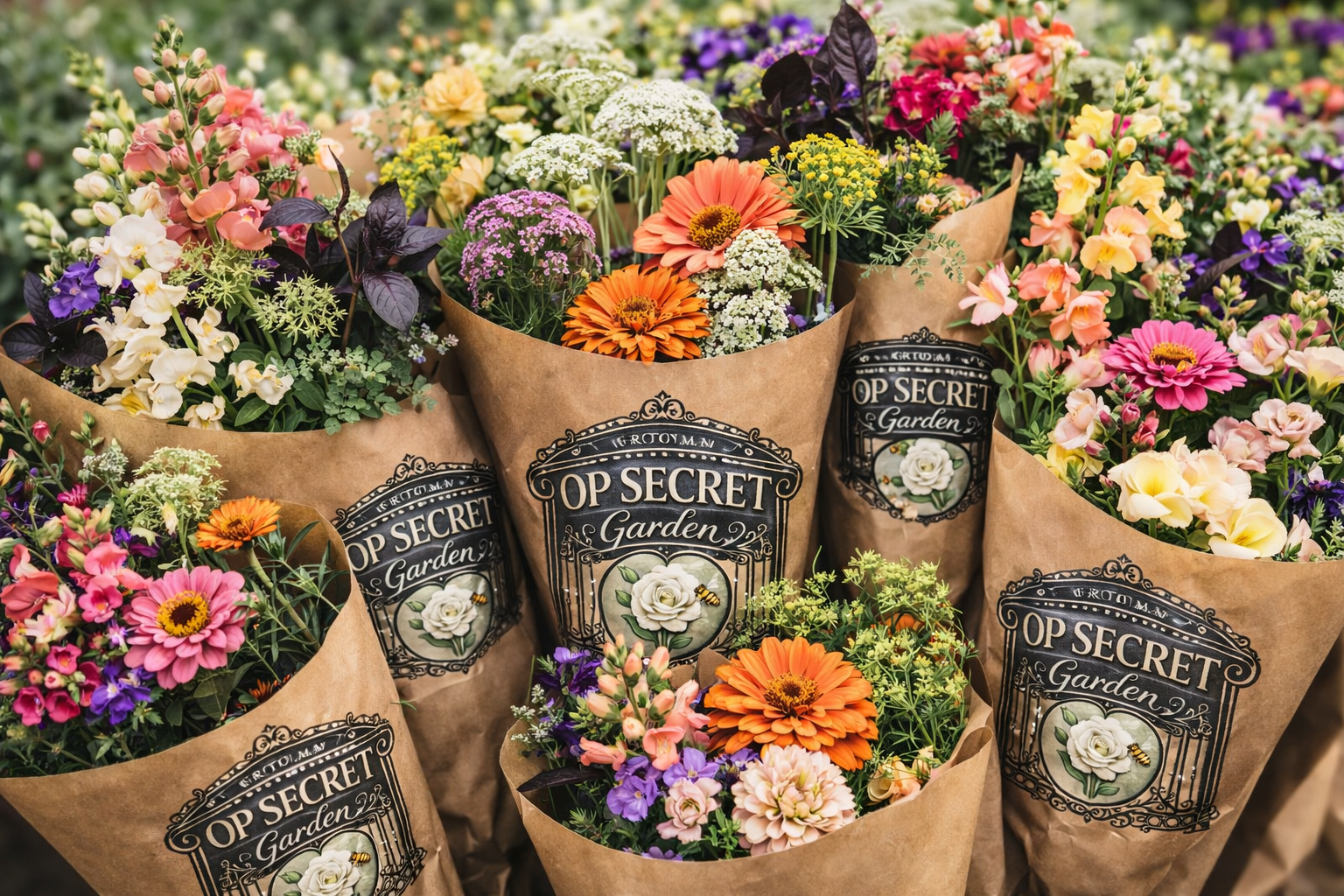 Ai creation of a potential bouquet we may have this July based on flower list.