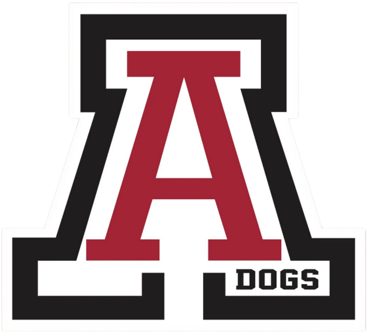 Logo from Andalusia City Schools in Andalusia, Alabama with a large red letter 'A' and the word 'DOGS' underneath.