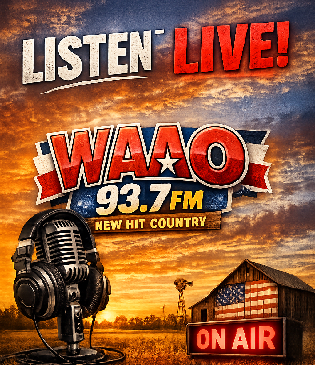 A promotional poster for a country radio station, featuring a sunset background, a vintage microphone with headphones, a barn with an American flag painted on it, a windmill, and a neon sign that reads 'ON AIR'. The poster promotes listening live on WAO 93.7 FM, described as a new hit country station.