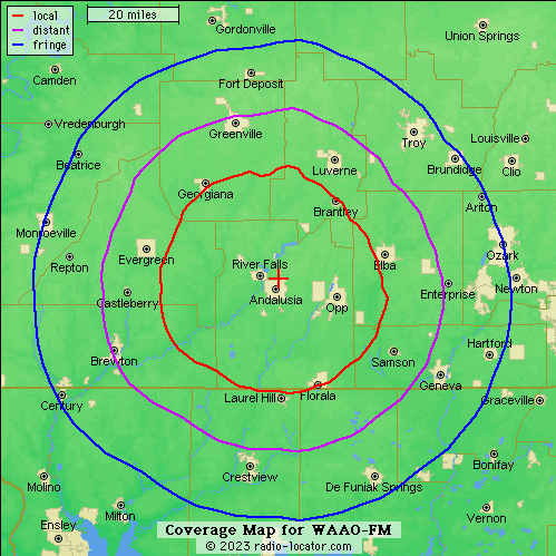 Coverage map for WAAO-FM showing local, distant, and fringe radio signal areas around the station, with color-coded zones and city labels.