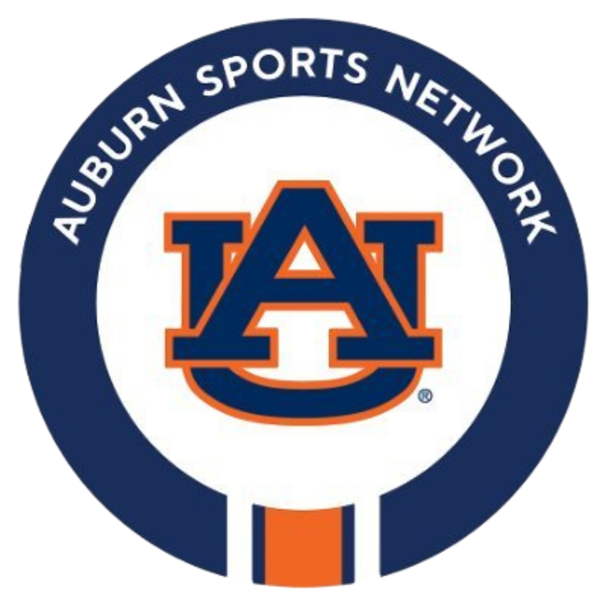 Logo of Auburn Sports Network with a navy blue circle, white background, and orange and navy blue Auburn University block letter A at the center.