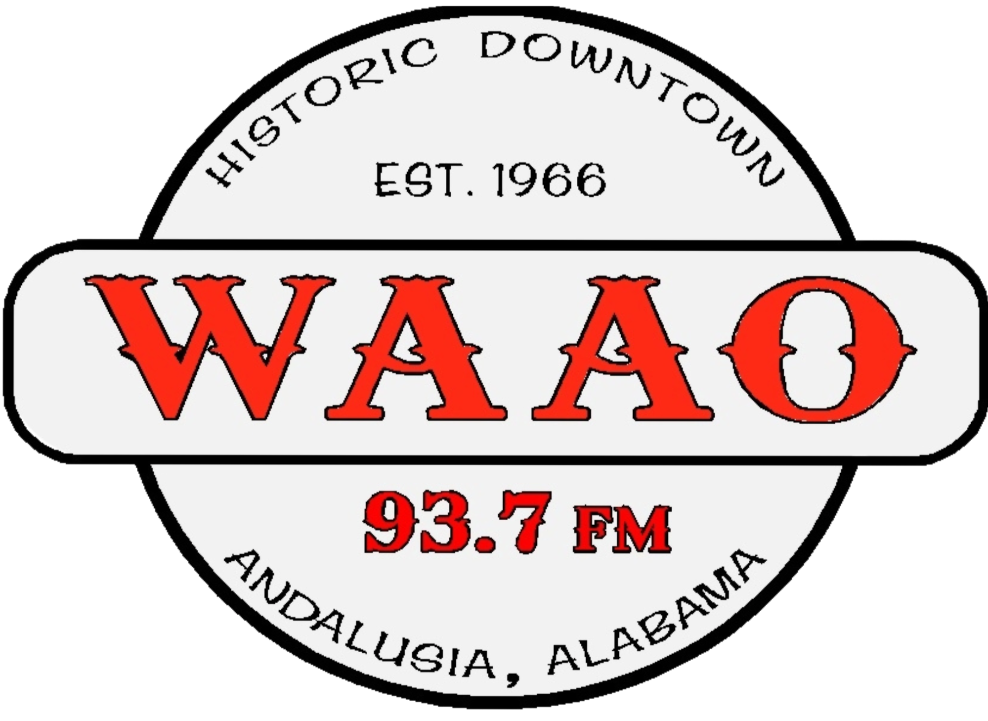 Radio station logo for WAAO 93.7 FM in Andalusia, Alabama, established in 1966, featuring red text on a white background with black outlines, and the words 'HISTORIC DOWNTOWN' at the top.