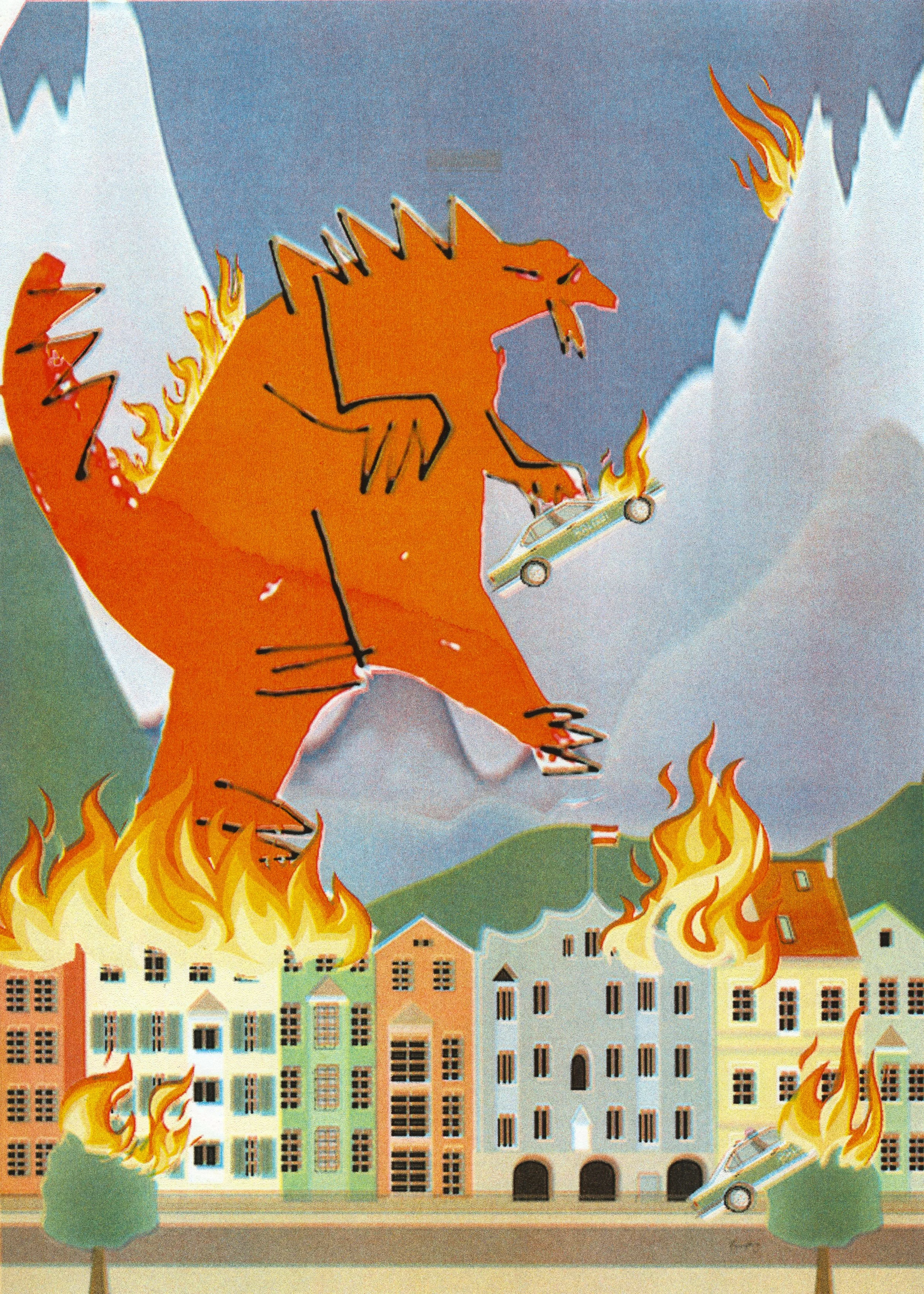 Eine Illustration eines riesigen feuerspeienden Monster, das über einer brennenden Stadt schwebt. Das Monster hat den Körper eines Dinosauriers, spitze Zacken am Rücken, und ist orange. Es trägt ein kleines Auto in den Krallen, das ebenfalls in Flammen steht.
