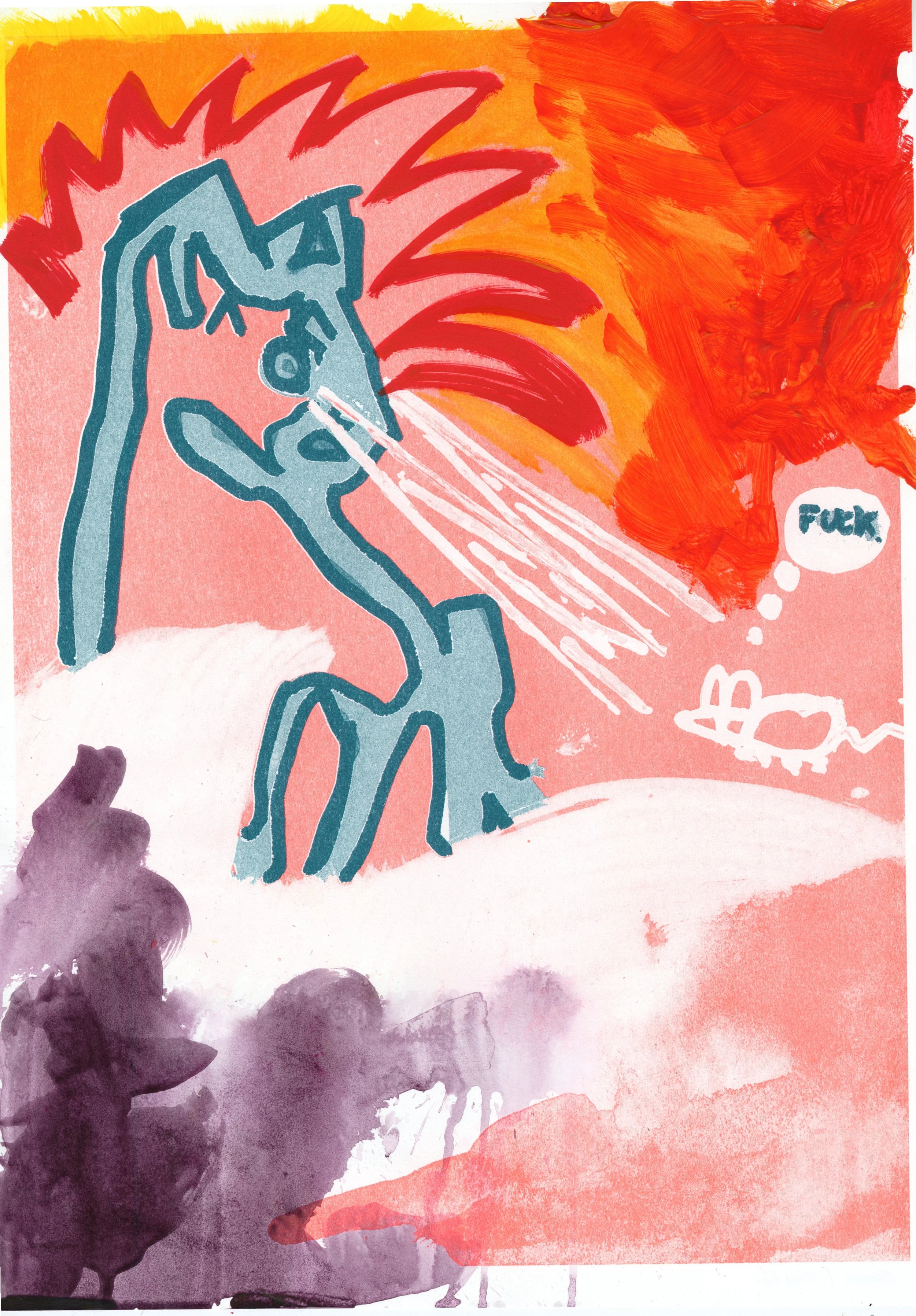 Ein abstraktes Kunstwerk, das eine rote und orangeexplodierende Form zeigt, mit einer stilisierten blauen Figur, die Wasserstrahlen aus der Nase speit. Es gibt auch einen kleinen weißen Kreis mit 'FUCK' darin, sowie dunkle und helle Wasserfarben im unteren Bereich.