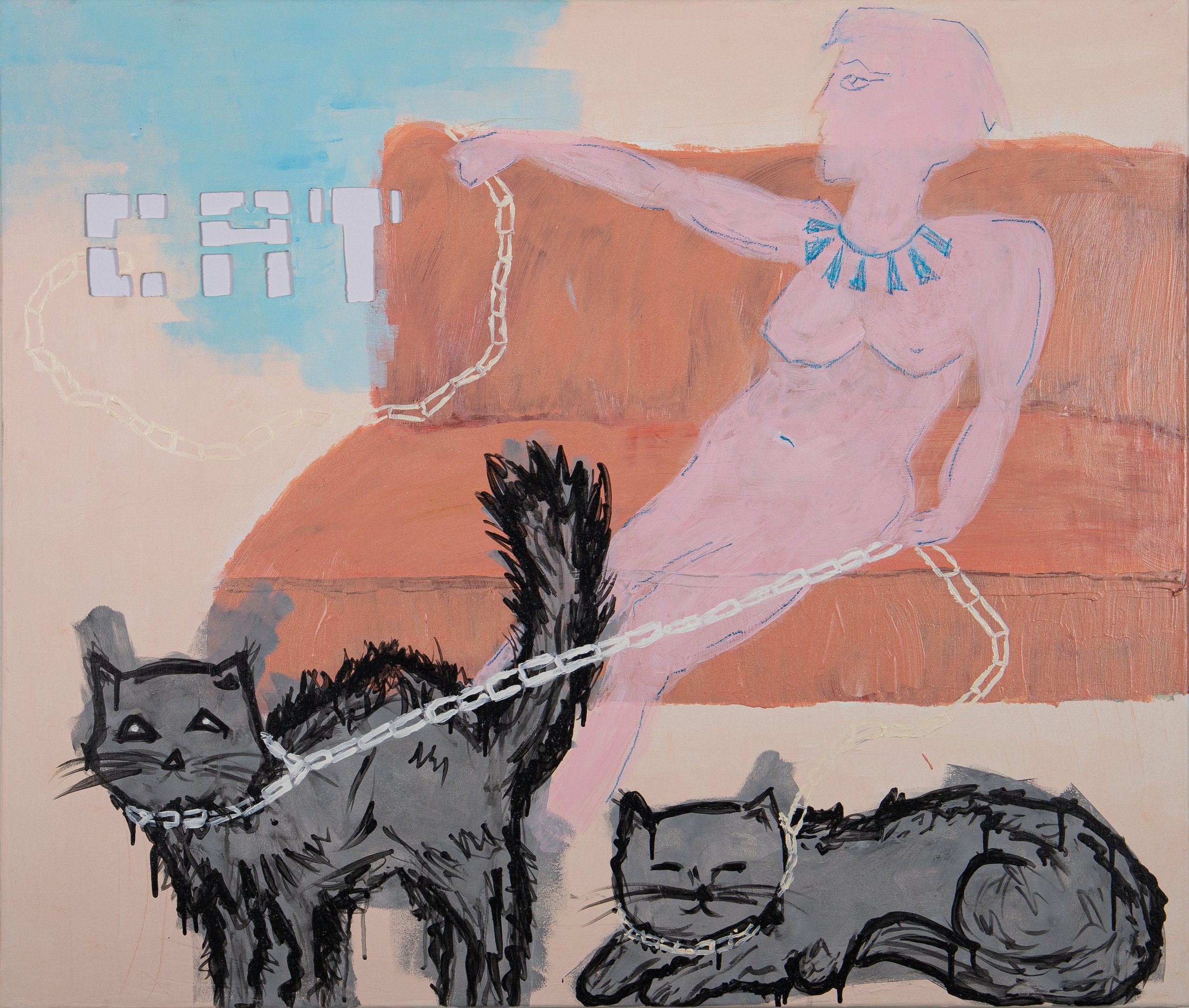 Ein abstraktes Gemälde mit einer liegenden Katze und einem stehenden Hund, beide an einer Leine, vor einem Sofa. Im Hintergrund eine stilisierte Frau, die auf dem Sofa sitzt, mit einem Halsband. Der Stil ist expressionistisch mit kräftigen Linien und Pastellfarben.