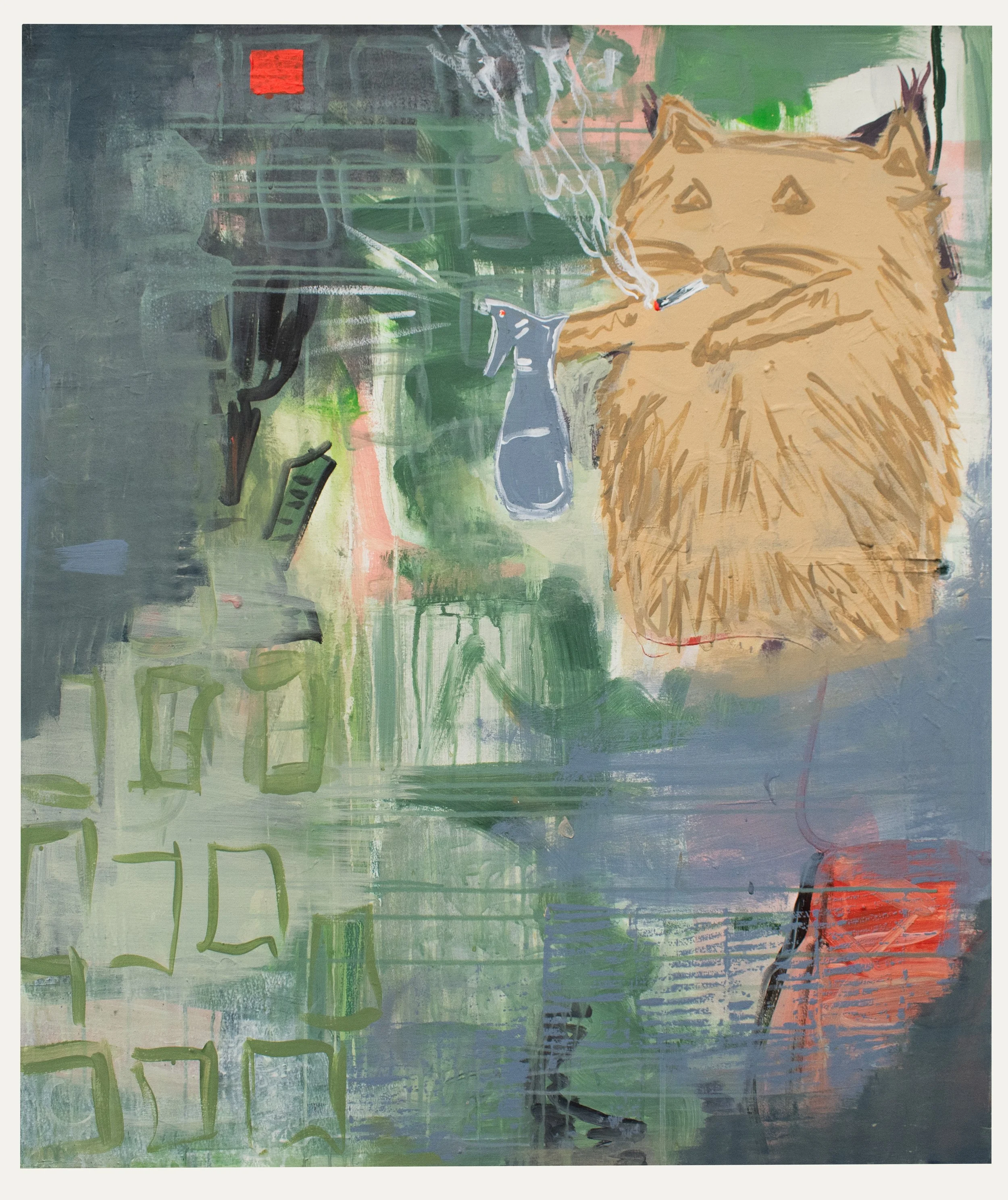 Grafik eines großen, haarigen Tieres, das an einem grauen Wasserhahn einen Zigarettenstummel hält, mit Rauch aufsteigend. Die Szene ist in einem abstrakten, urbanen Stil mit viel Grün, Grau und einigen roten Akzenten.