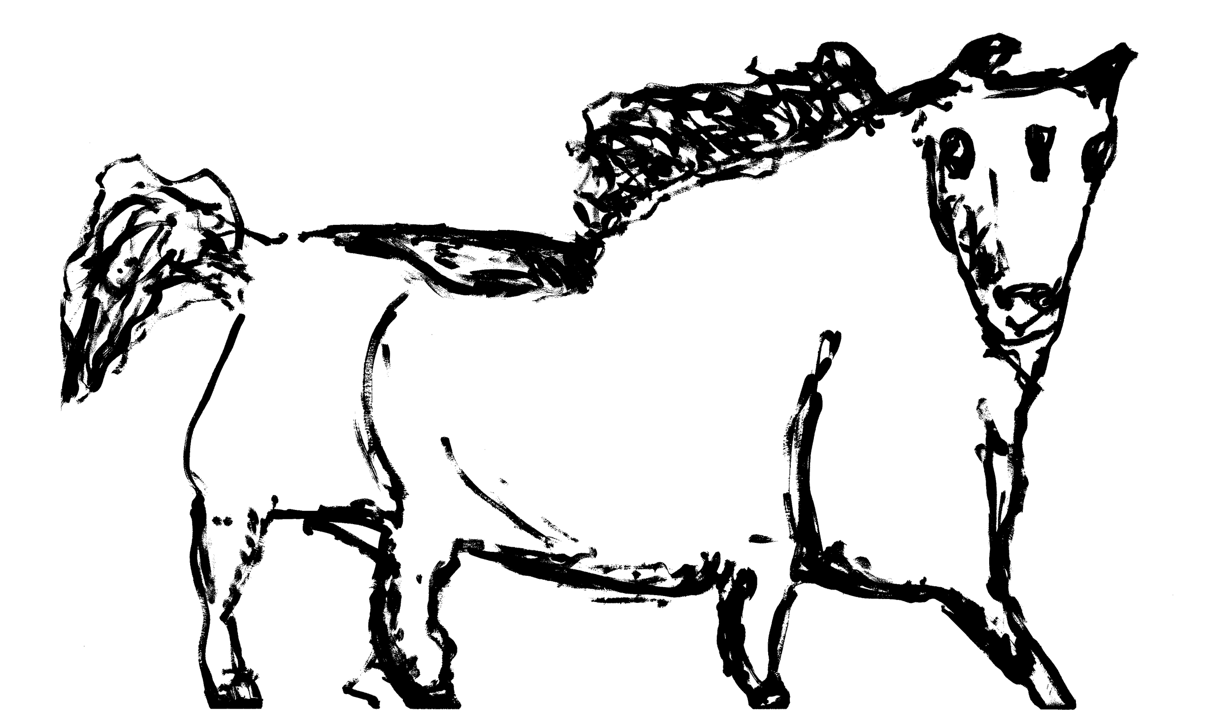 Schwarz-weiß Zeichnung eines Tieres, vermutlich eines Hundes, in einfacher Linienführung.