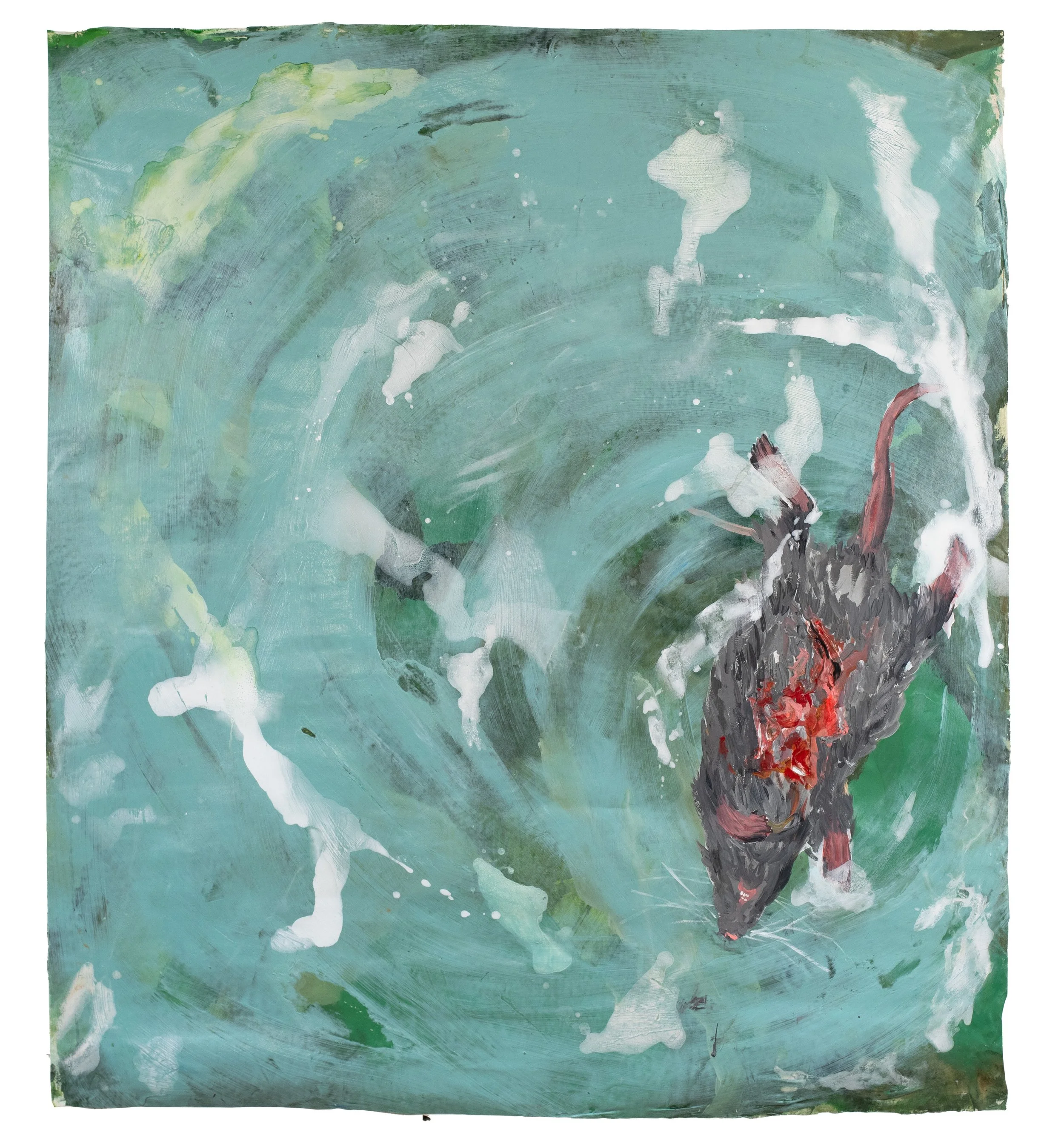 Abstraktes Gemälde mit einem tierreferenzierten zentralen Motiv, das einem wütenden Tier mit rotem Gesicht und schwarzen Körper gleicht, umgeben von einem wirbelnden, blauen und grünen Hintergrund.