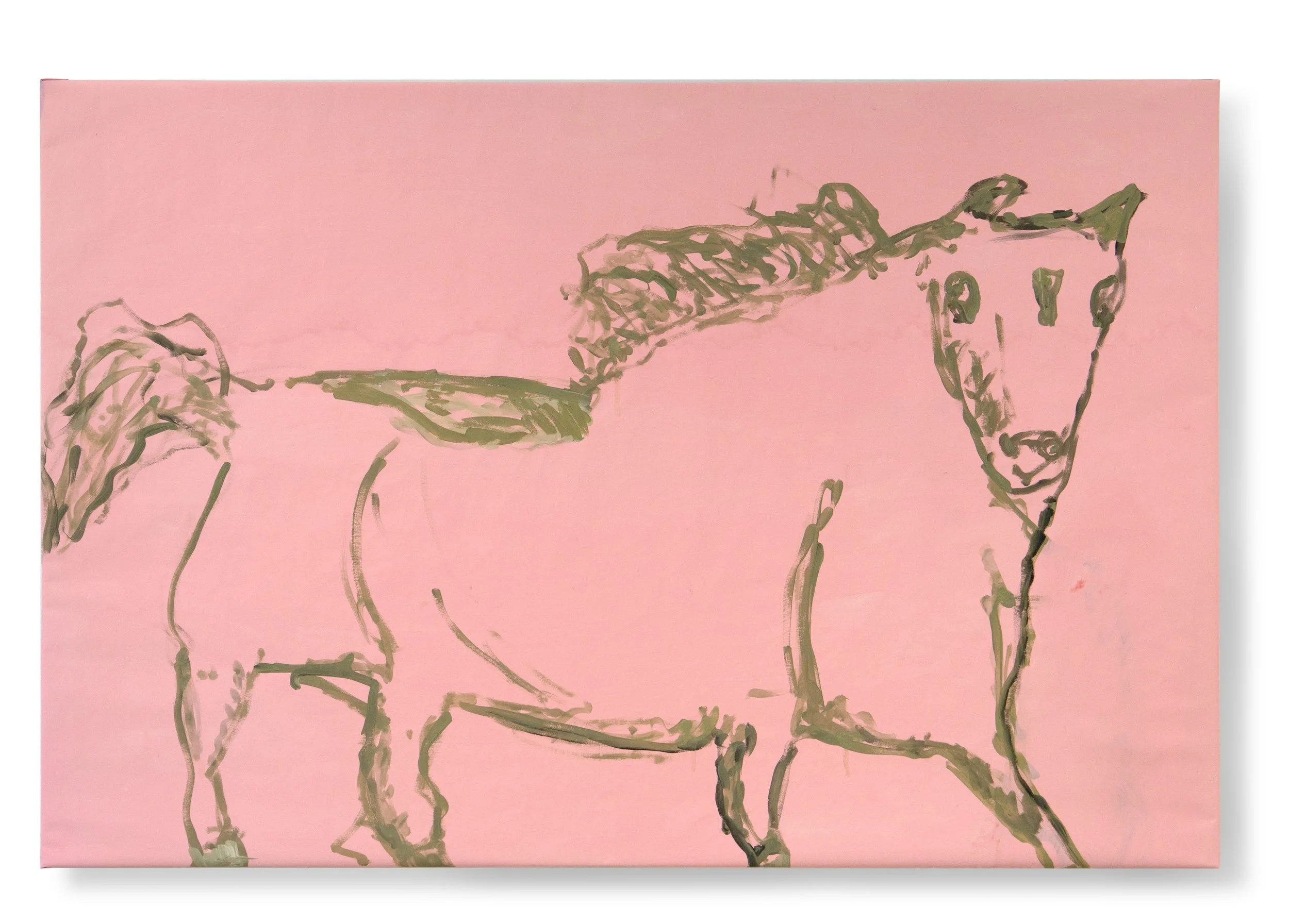 Eine grobe linienhafte Zeichnung eines Hundes auf einem pinken Hintergrund.