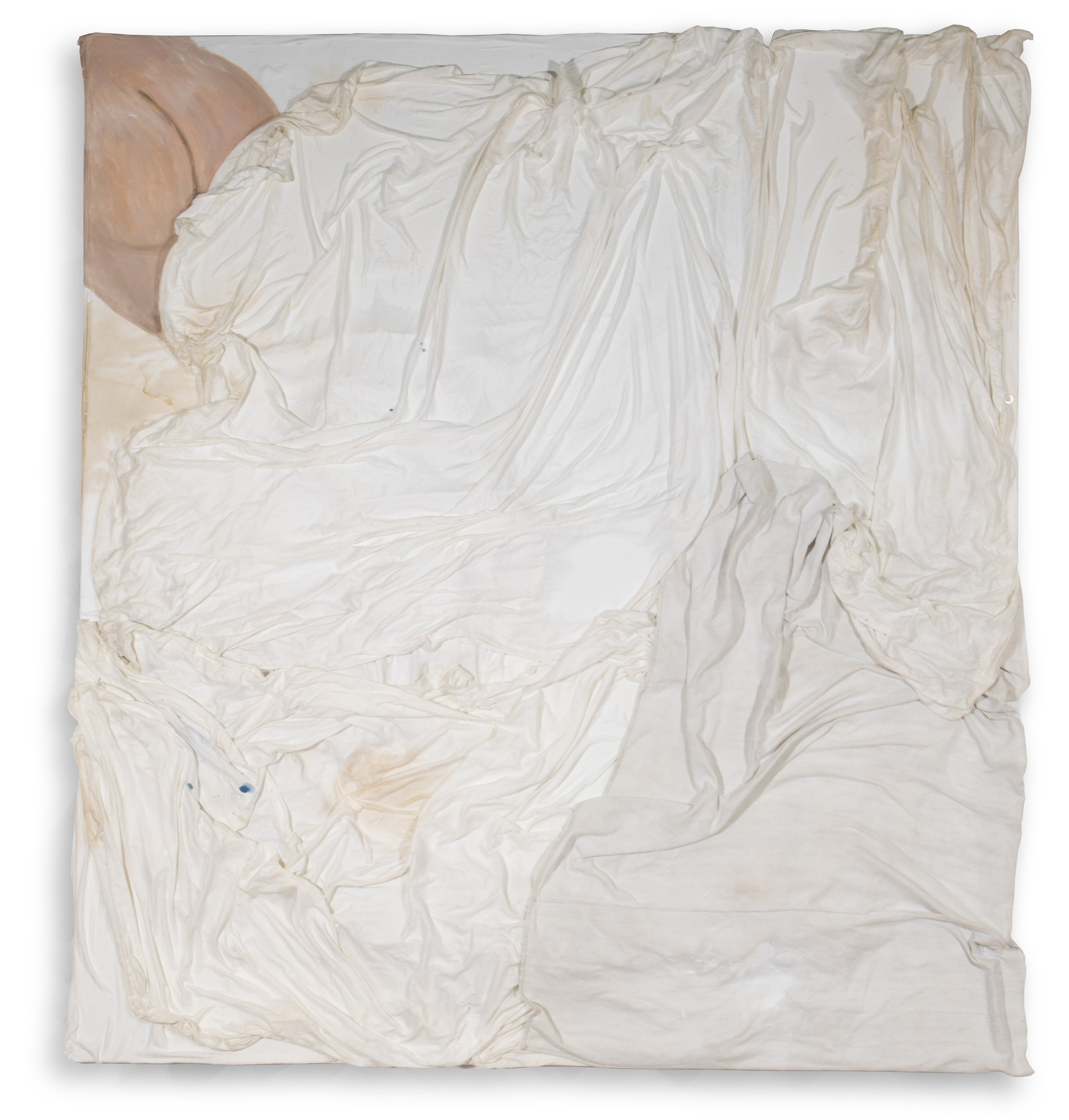 Clemens Gächter stellt hier ein Bett mit zerknitterten weißen Laken dar. Abenutzt und etwas ecklick und oben im linken Eck sitzt ein nackter Po völlig unbeirrt.