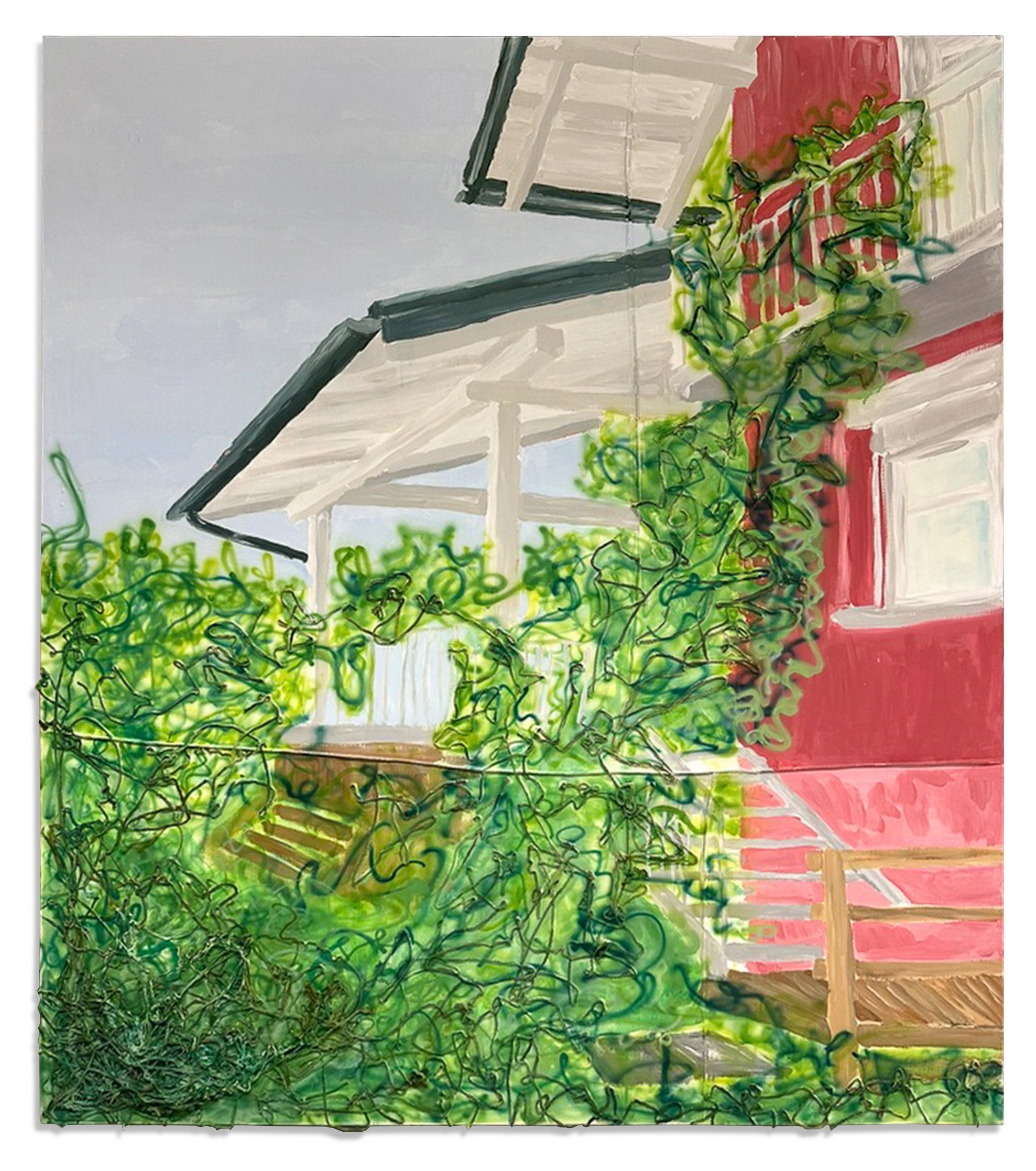 Häuser mit Balkon, umgeben von viel grünen Pflanzen, im Stil eines Gemäldes