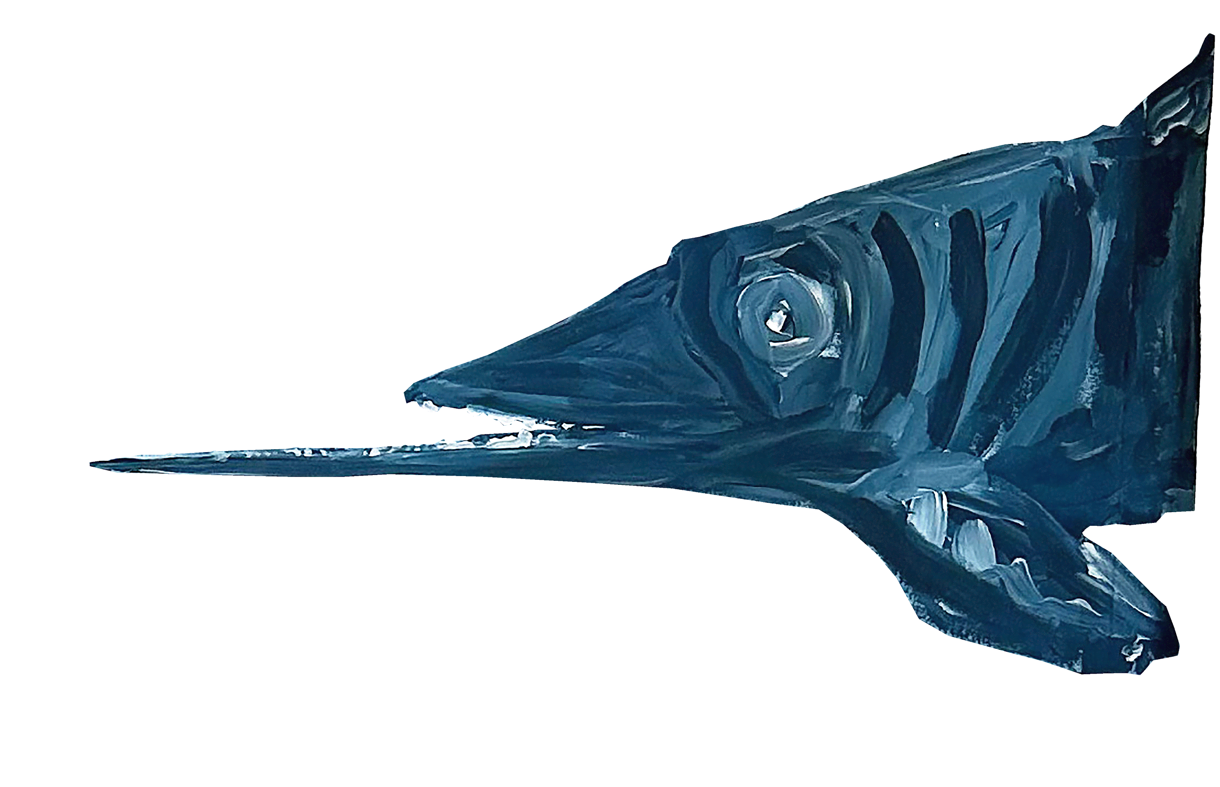 Ein künstlerisches Bild eines stilisierten, blauen Meeresgiganten mit einem langen, spitzen Schnabel, der an ein prähistorisches Meerestier erinnert.