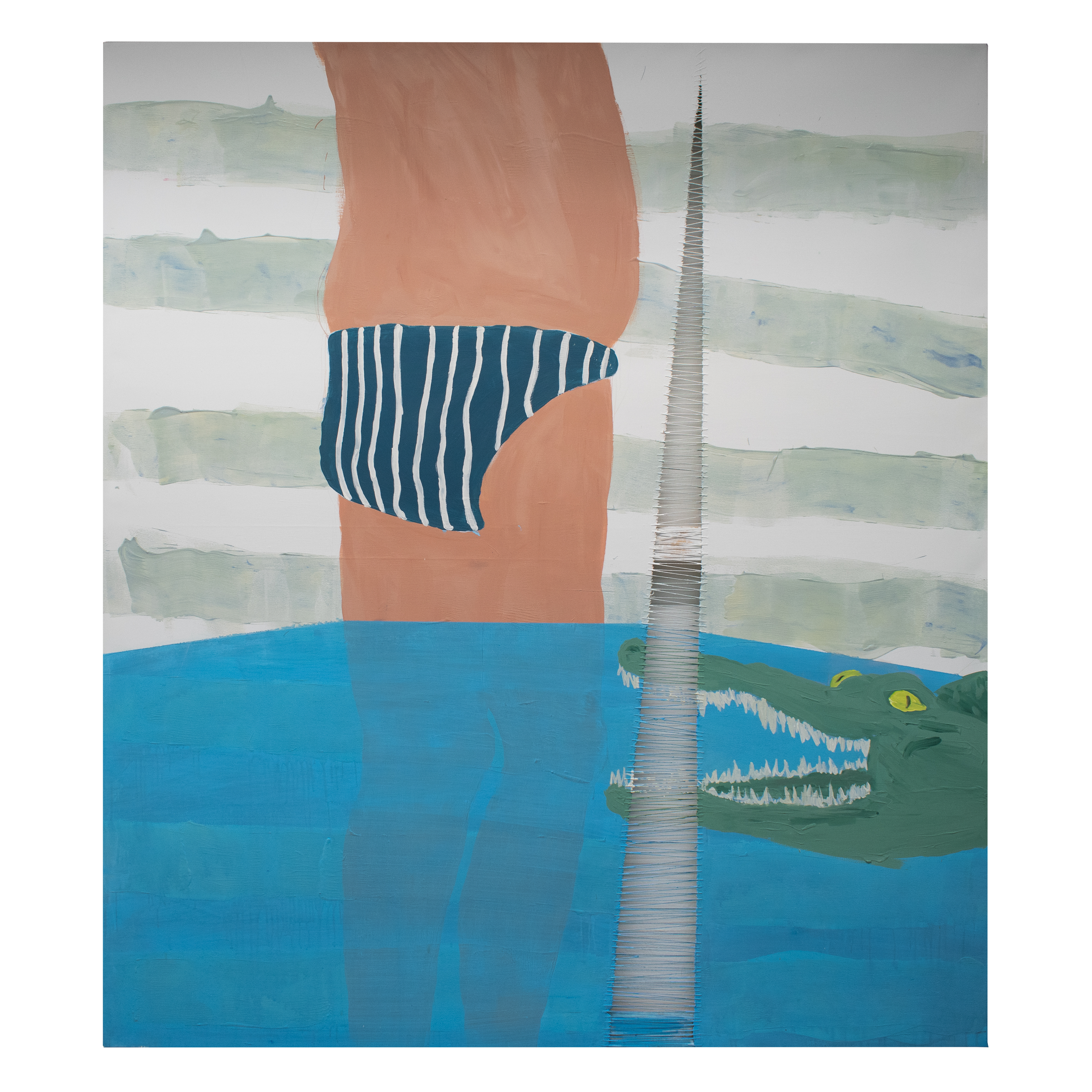 Malerisches Gemälde eines Menschen in Badehose, der in Wasser steht, neben einem Alligator mit offenen Mäulern. Im Hintergrund sind horizontale grüne und weiße Streifen, die wie Wasserwellen wirken.