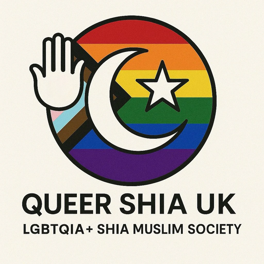 Logo for Queer Shia UK with a rainbow Pride circle, a hand, a crescent moon, and a star, with text "Queer Shia UK LGBTQIA+ Shia Muslim Society".