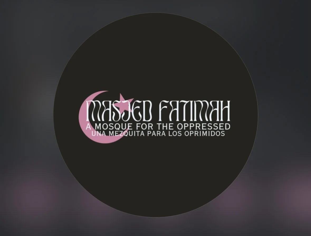 Logo for Masjid Fatimah, a mosque for the oppressed, with text in English and Spanish.