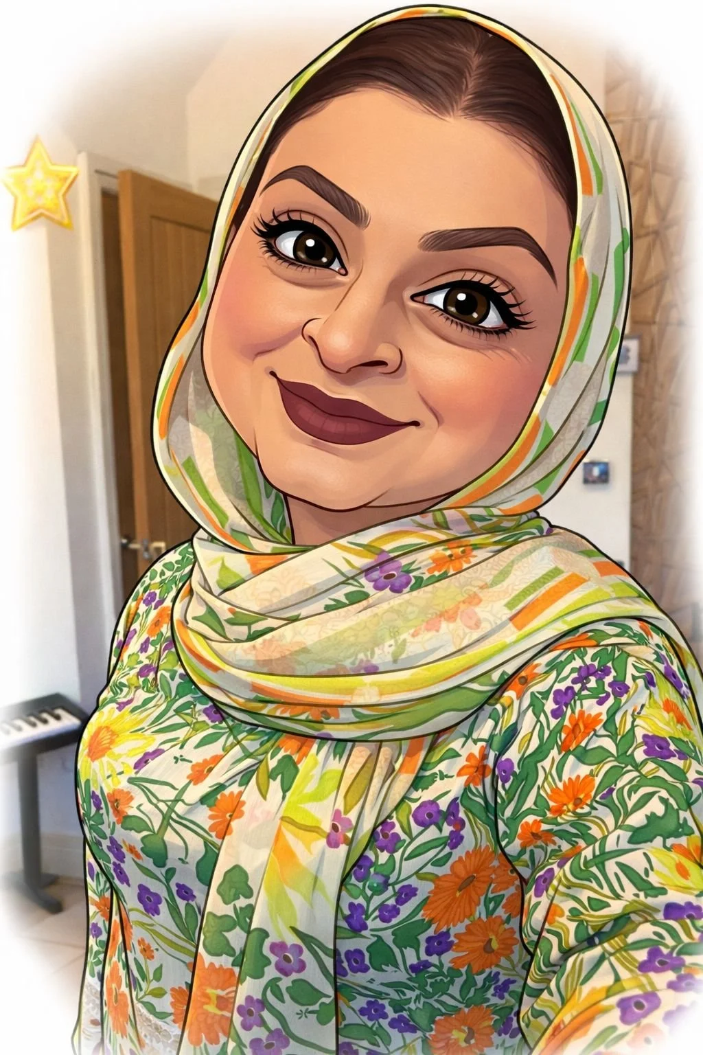 A digital cartoon-style portrait of a woman wearing a colorful floral-patterned headscarf and dress, smiling with large expressive eyes.
